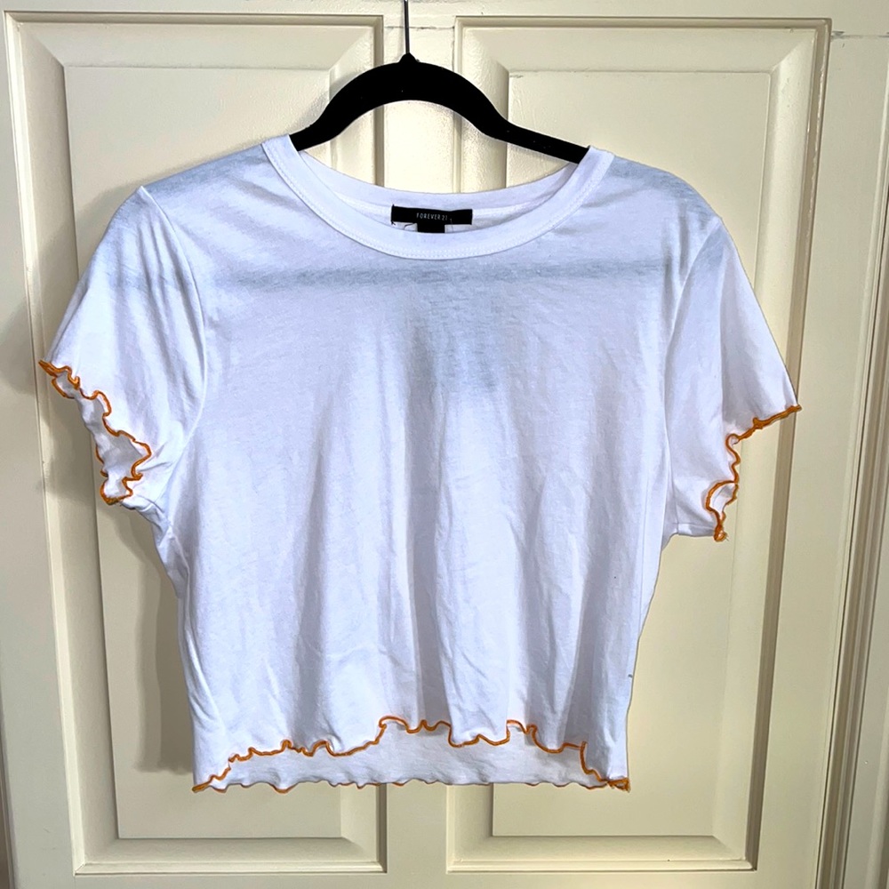 Forever 21 White T-Shirt with Ruffle Edges